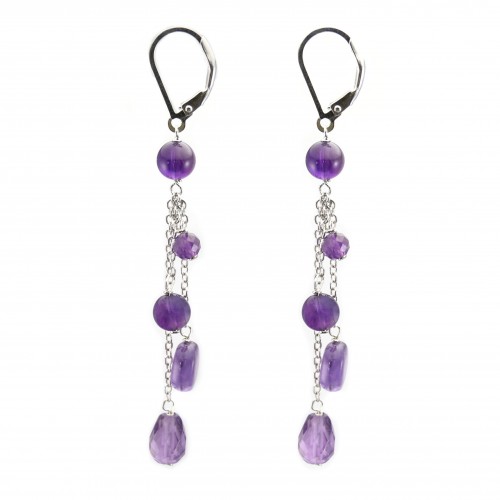Boucles d'oreilles pendantes, en argent 925 & améthyste x 2pcs