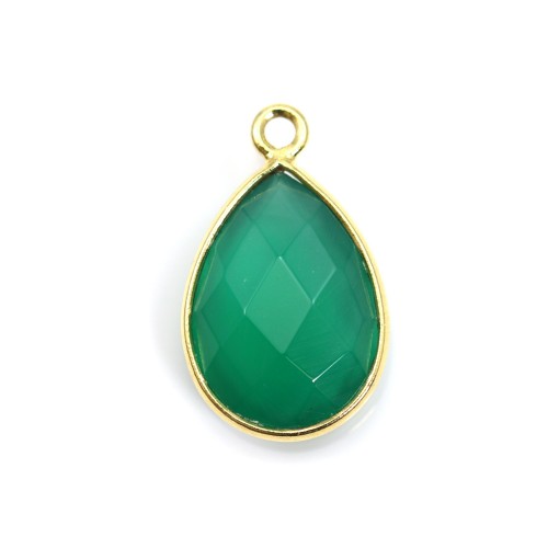 Agate verte goutte facettée sertie sur argent 925 doré à l'or fin 1 anneau 11x15mm x 1pc