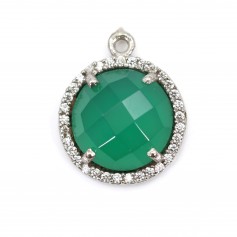 Agate verte ronde serti en argent 925 avec zirconium 15mm x 1pc