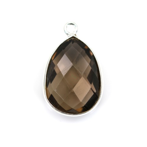 Faceted drop smoky quartz set in silver 13x17mm x 1pc