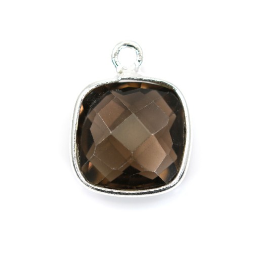 Faceted cushion cut smoky quartz set in silver 11mm x 1pc