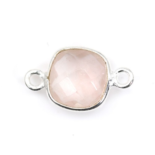 Quartz rose coussin facette sertie sur argent 2 anneaux 9mm x 1pc