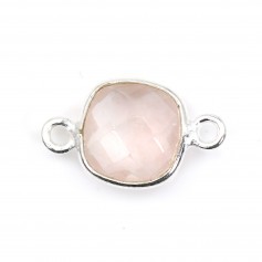 Quartz rose coussin facette sertie sur argent 2 anneaux 9mm x 1pc