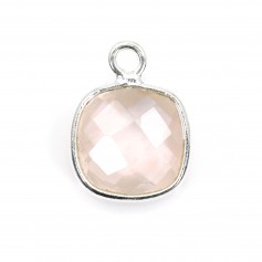 Quartz rose coussin facette sertie sur argent 9mm x 1pc