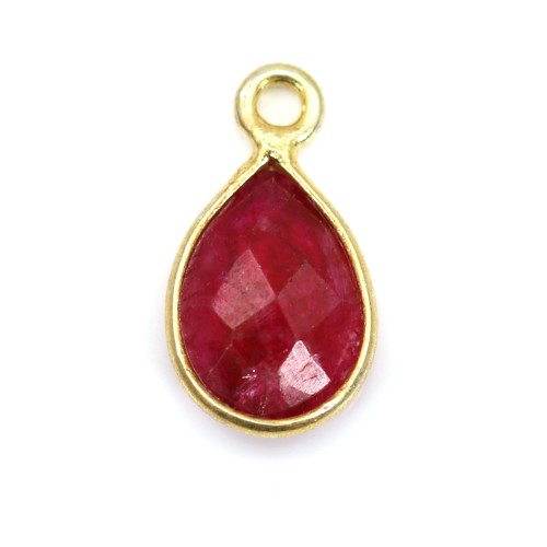 Charm Gemstone dyed ruby color drop faceted set silver 925 gold plated 7x13mm x 1pc