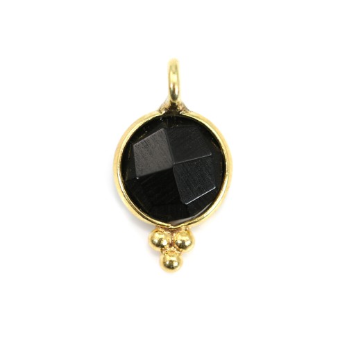 Round faceted black onyx charm set in 925 sterling silver and gold 7x13mm x 1pc