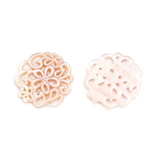 Pink mother-of-pearl floral pattern with openwork 18mm x 1pc