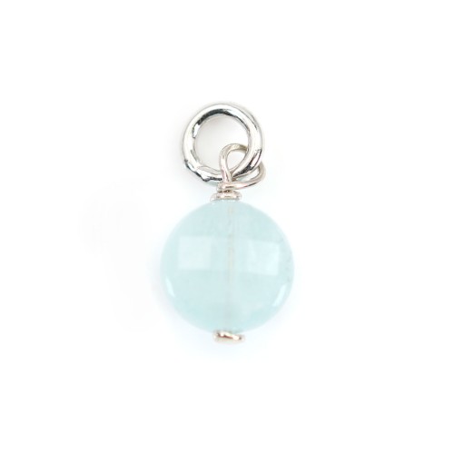 Breloque Aigue Marine rond plat facetté 6mm - Argent Rhodié  x 1pc