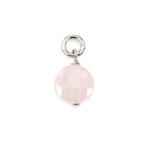 Round Flat Faceted Rose Quartz 6mm - Rhodium Silver x 1pc