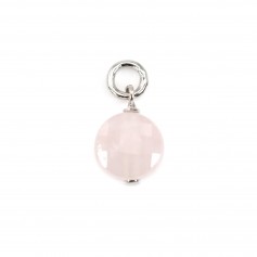 Charm rotondo piatto sfaccettato di quarzo rosa 6 mm - Argento rodiato x 1 pz