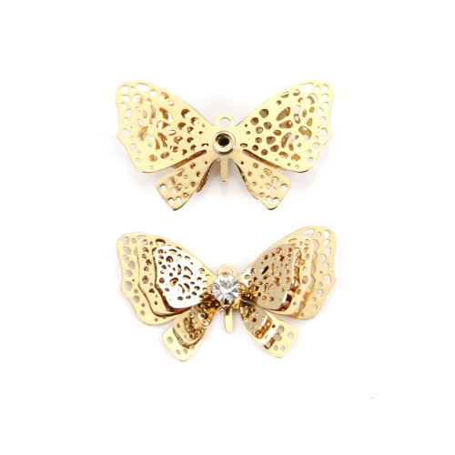 Breloque papillon avec zirconium plaqué par "flash" or sur laiton 12x20mm x 4pcs