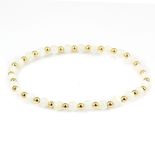 Bracelet nacre blanche 4mm, avec perles dorées x 1pc