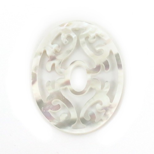 White oval mother-of-pearl with openwork 24x30mm x 1pc