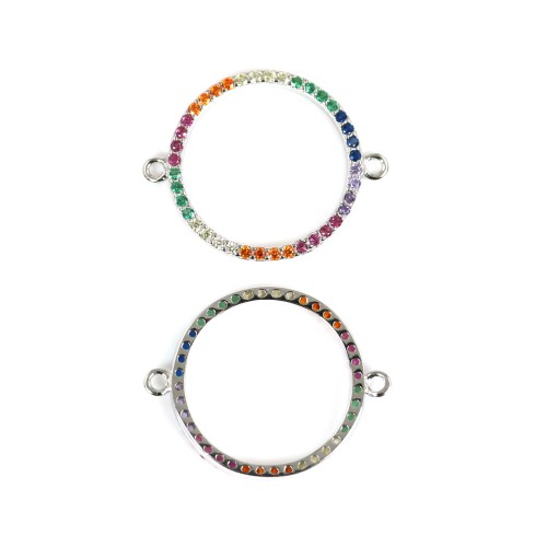 Spacer multicolor pave circle 17x22mm - zirconium oxide & rhodium-plated 925 silver x 1pc