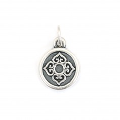 Pendentif breloque médaillon fleur 11x18mm - Argent 999 niellé x 1pc