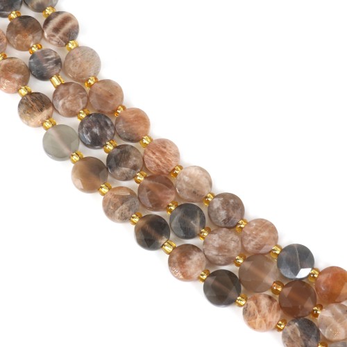 Pierre de lune noir rond plat facetté 8mm x 38cm