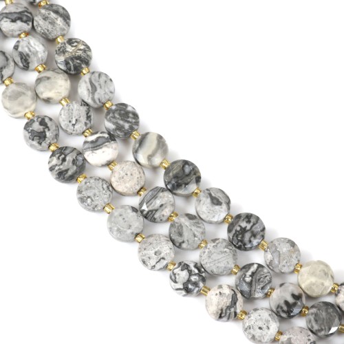 Jaspe Paysage gris rond plat facetté 8mm x 38cm