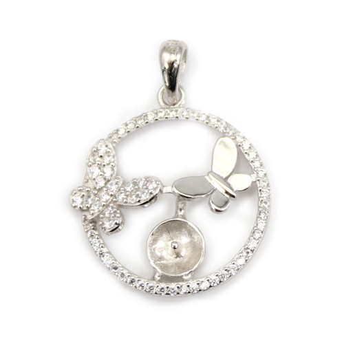 Pendentif strass double papillon pour semi percée 20x27mm - oxyde de zirconium & Argent 925 rhodié x 1pc