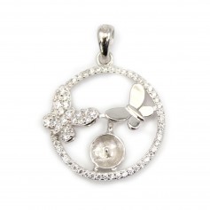 Pendant mit doppeltem Schmetterling Strass für halb durchbohrtes 20x27mm - Zirkonia & Rhodiniertes Silber 925 x 1 Stk.