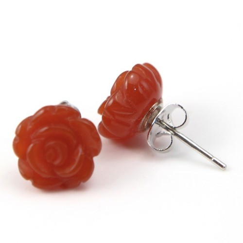 Earrings: red agate flower & 925 silver 10mm x 2pcs