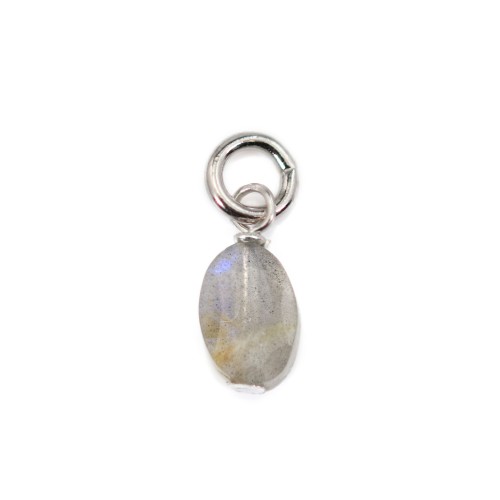 Faceted oval Labradorite charm 4x6mm - Rhodium-plated 925 silver x 1pc