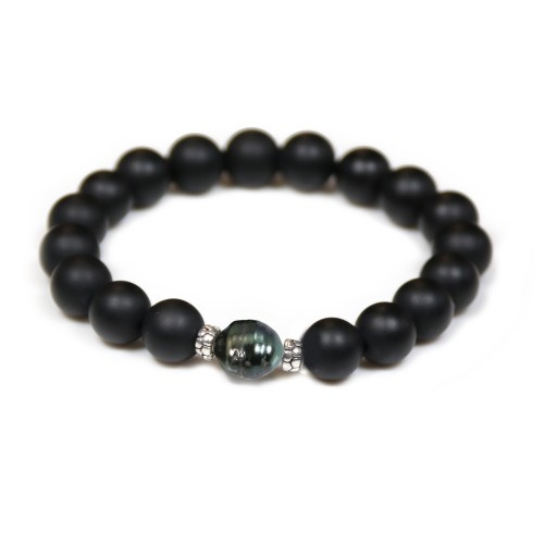Matte black Agate bracelet & Tahitian cultured pearl