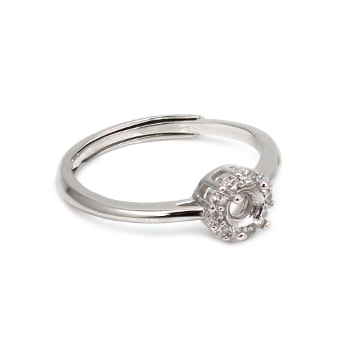 Adjustable pave ring for round setting 4mm - cubic zirconia & Rhodium-plated 925 Silver x 1pc