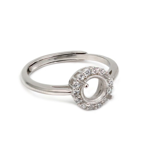 Adjustable pave ring for round setting 6mm - cubic zirconia & Rhodium-plated 925 Silver x 1pc