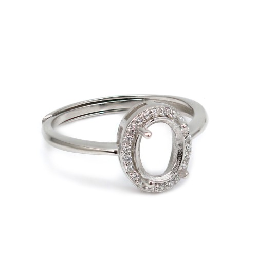 Anillo ajustable con pavé para engaste ovalado de 6x8mm - circonia cúbica y Plata de ley 925 rodinada x 1ud.