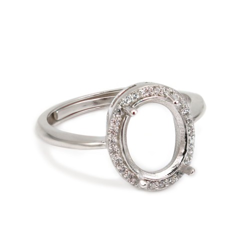 Adjustable pave ring for oval setting 8x10mm - cubic zirconia & Rhodium-plated 925 Silver x 1pc