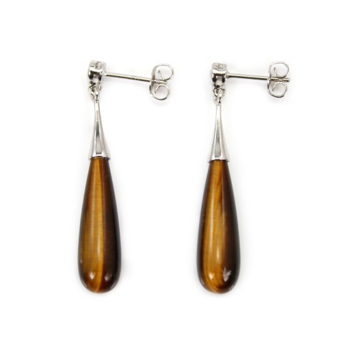 Boucles d'oreilles Oeil de Tigre goutte 7x23mm - Argent 925 Rhodié x 2pcs