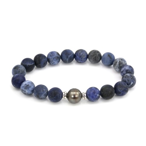 Bracciale Perla di cultura di Tahiti & Sodalite opaca 10mm - Elastico x 1pz