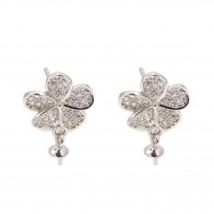 Ohrringe Blume für halb durchbohrt 12x19mm - Zirkonia & Rhodiniertes Silber 925 x 2 Stück