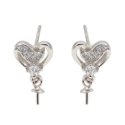 Earrings heart for semi-pierced 8x15mm - zirconium oxide & Rhodium-plated Silver x 2pcs
