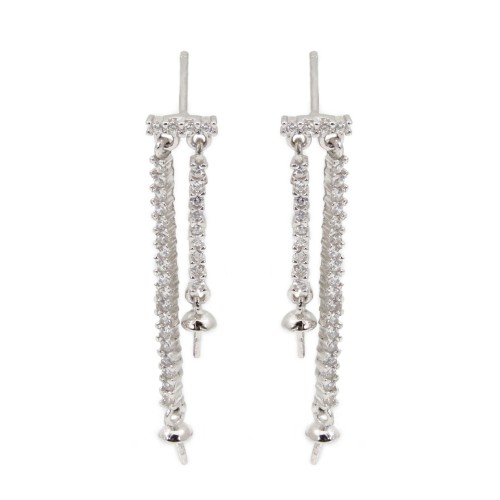 Ohrringe doppelte Balkenstecker für halb durchbohrte 6x34mm - Zirkonia & Rhodiniertes Silber 925 x 2 Stück