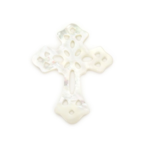 Madreperla bianca croce con motivo decorato 24x30mm x 1 pezzo