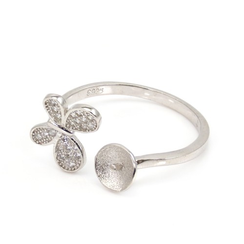 Adjustable butterfly ring for semi pierced - cubic zirconia & Rhodium plated Silver x 1pc