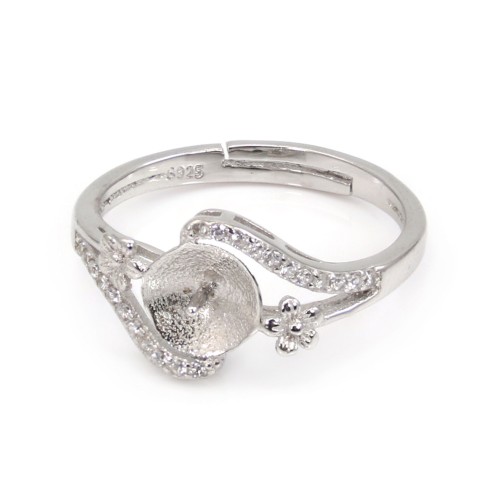 Adjustable mini flower ring for semi pierced - cubic zirconia & Rhodium plated 925 Silver x 1pc