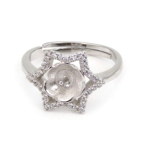 Adjustable star ring for semi pierced - cubic zirconia & Rhodium plated Silver x 1pc