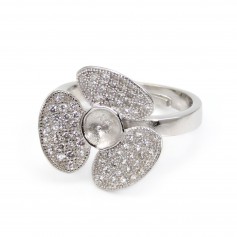 Anillo ajustable de flor con 3 pétalos para semi percé - circonita cúbica y Plata de Ley 925 rodinada x 1ud.