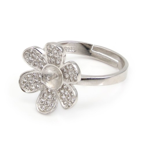 Bague réglable fleur 6 pétales pour semi percé - oxyde zirconium & Argent 925 rhodié x 1pc