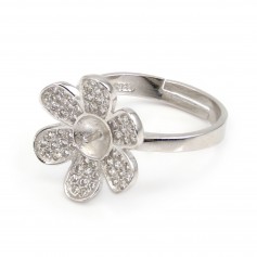 Anello regolabile a fiore 6 petali per semi percé - ossido di zirconio & Argento 925 rodio x 1pc
