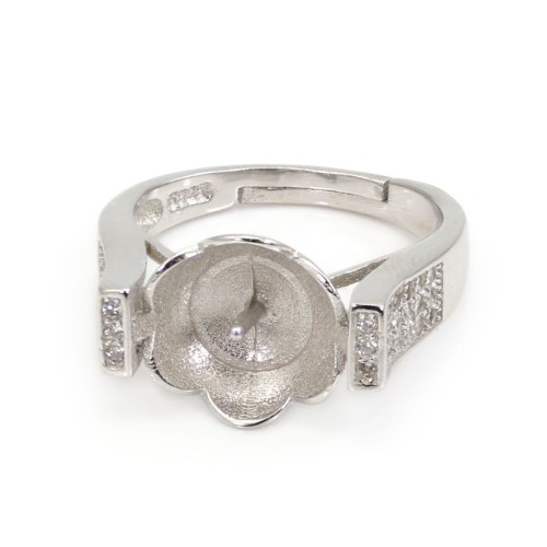 Adjustable thick ring cup flower for half-drilled - cubic zirconia & Rhodium-plated Silver x 1pc